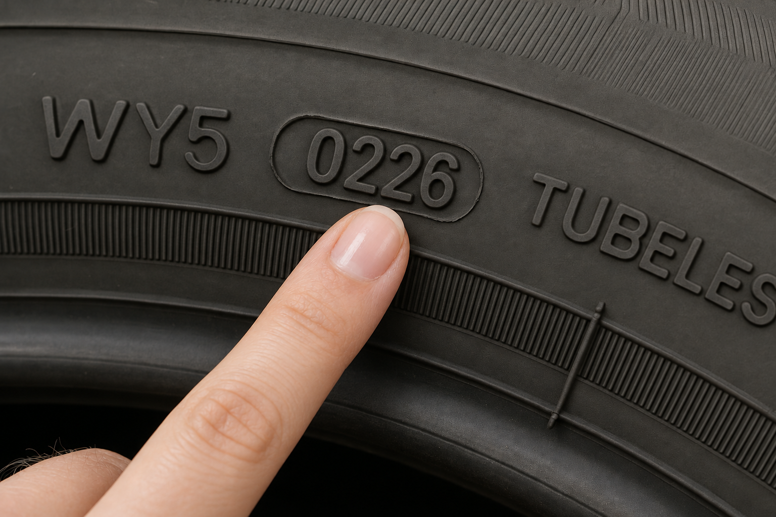 Een vinger wijst naar DOT-datumcode 0226 op de zijwand van een caravanband.